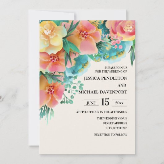 Pastel Pink Aquamarin Gelb Blütenhochzeit Einladun Einladung (Vorderseite)