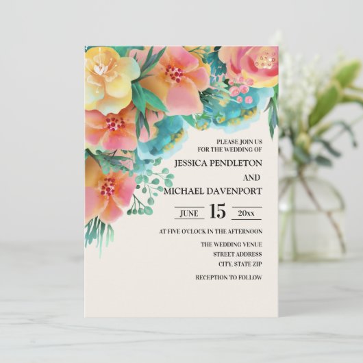 Pastel Pink Aquamarin Gelb Blütenhochzeit Einladun Einladung (Stehend Vorderseite)