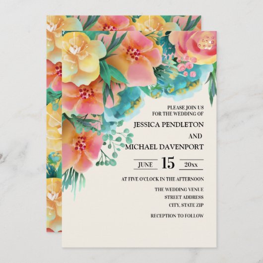 Pastel Pink Aquamarin Gelb Blütenhochzeit Einladun Einladung (Vorne/Hinten)