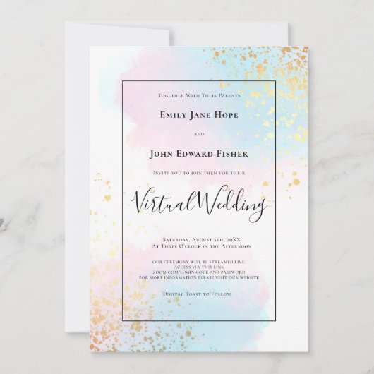 Pastel Pink Aquamarin Watercolor Gold Virtual Wedd Einladung (Vorderseite)