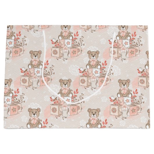 PASTEL PINK BABY BLOCKS TEDDY BEARS BLUME GROßE GESCHENKTÜTE (Vorderseite)