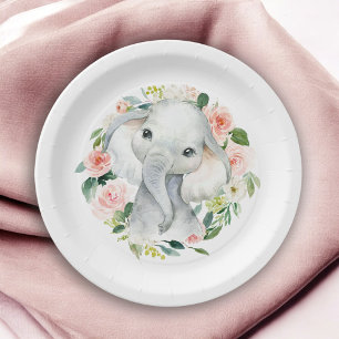 Pastel Pink Baby Elephant Floral Pappteller