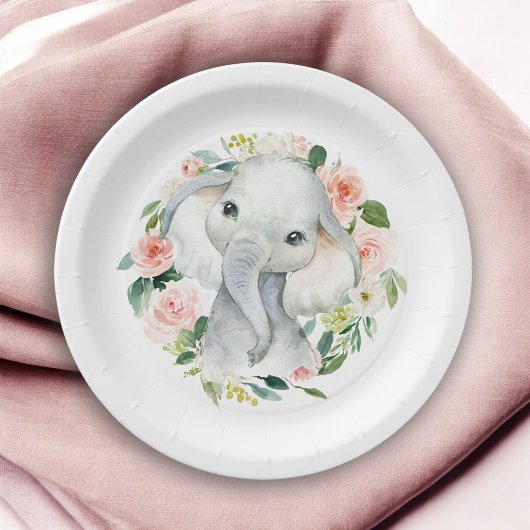 Pastel Pink Baby Elephant Floral Pappteller