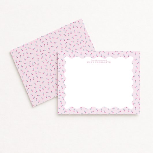 Pastel Pink Baby Floral Wavy Border Note Card Einladung