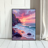 Pastel Pink Beach Sunset Ocean Waves Watercolor Poster