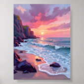 Pastel Pink Beach Sunset Ocean Waves Watercolor Poster (Vorne)
