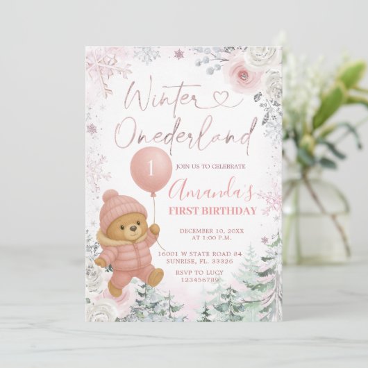 Pastel Pink Bear Balloon Winter Onederland Einladung (Stehend Vorderseite)