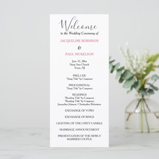 Pastel Pink Black Wedding Program Programm (Stehend Vorderseite)