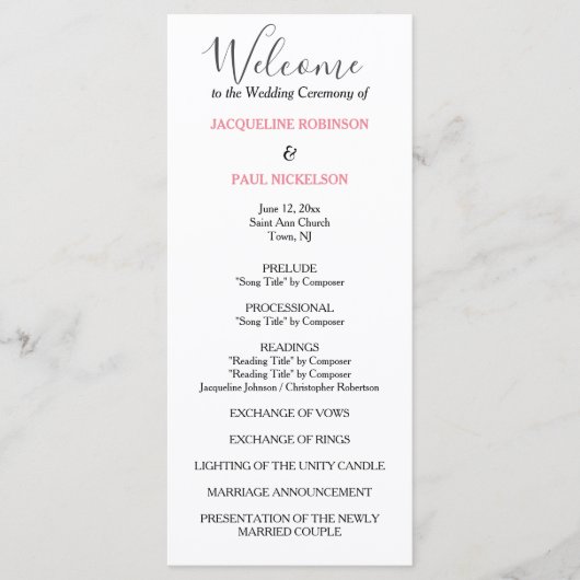 Pastel Pink Black Wedding Program Programm (Vorderseite)