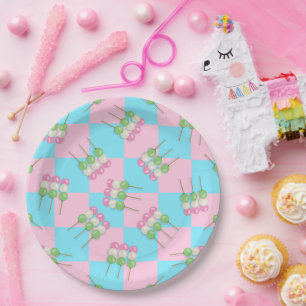 Pastel Pink Blau Karierte Dango Papierplatte Pappteller