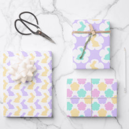 PASTEL PINK BLAU LILA GREEN EASTER BUNNIES GESCHENKPAPIER SET
