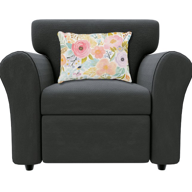 Pastel Pink Blau Wasserfarbe Floral Botanisch Dekokissen (Watercolor Pastels Pink Blue Green Gold Brown Floral Botanical lumbar pillow. Bedroom pillow)