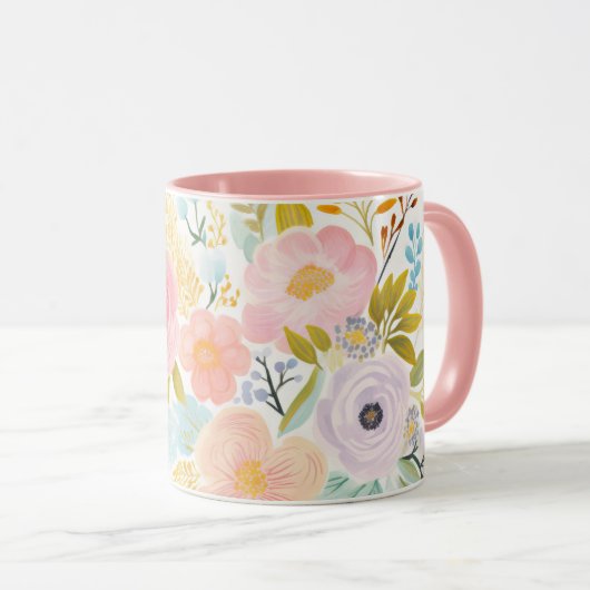 Pastel Pink Blau Wasserfarbe Floral Botanisch Tasse (VorderseiteRechts)