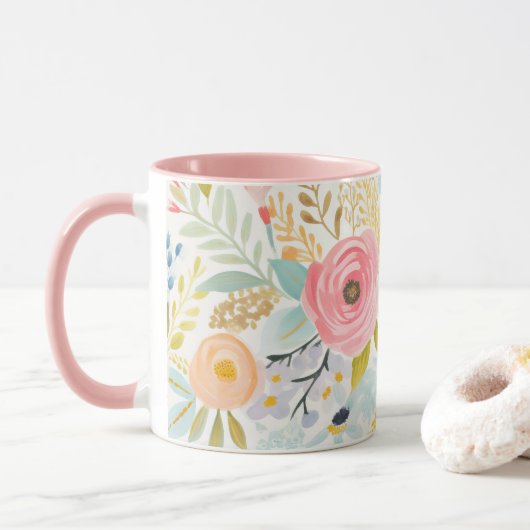 Pastel Pink Blau Wasserfarbe Floral Botanisch Tasse (Mit Donut)