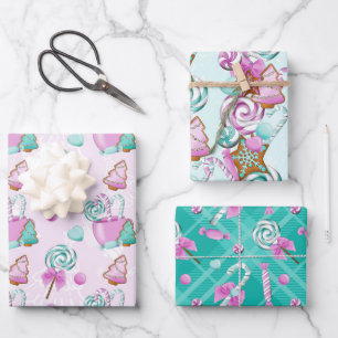PASTEL PINK & BLAUE CHRISTMAS CANDY & TREE COOKIES GESCHENKPAPIER SET