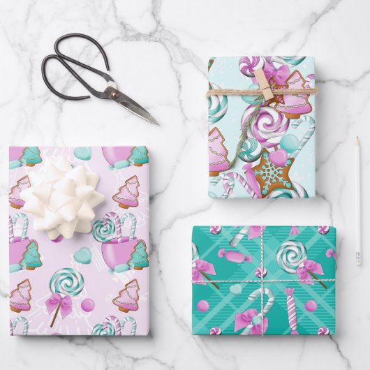 PASTEL PINK & BLAUE CHRISTMAS CANDY & TREE COOKIES GESCHENKPAPIER SET (Vorderseite)