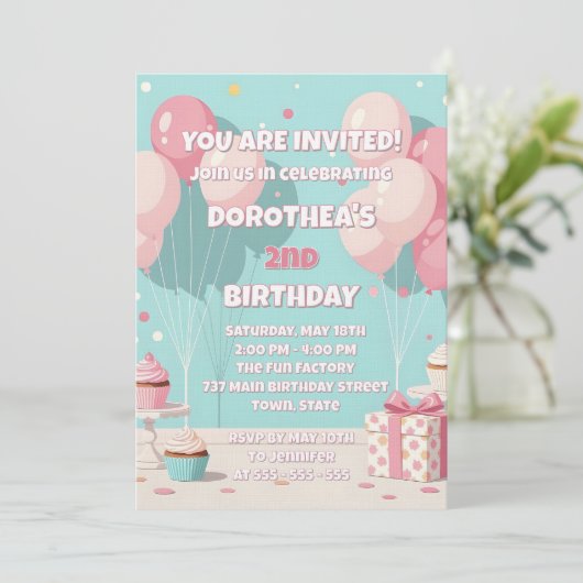 Pastel Pink Blue Balloon Girl's 2nd Birthday Party Einladung (Stehend Vorderseite)