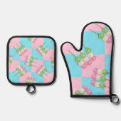 Pastel Pink Blue Checkered Dango Ofenhandschuh & Topflappen-Set (Vorderseite)
