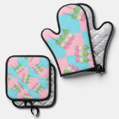 Pastel Pink Blue Checkered Dango Ofenhandschuh & Topflappen-Set (Vorderseite/Rückseite)