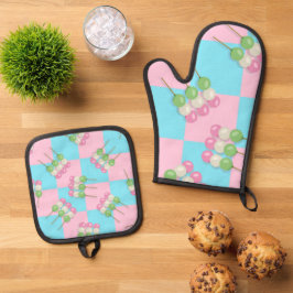 Pastel Pink Blue Checkered Dango Ofenhandschuh & Topflappen-Set