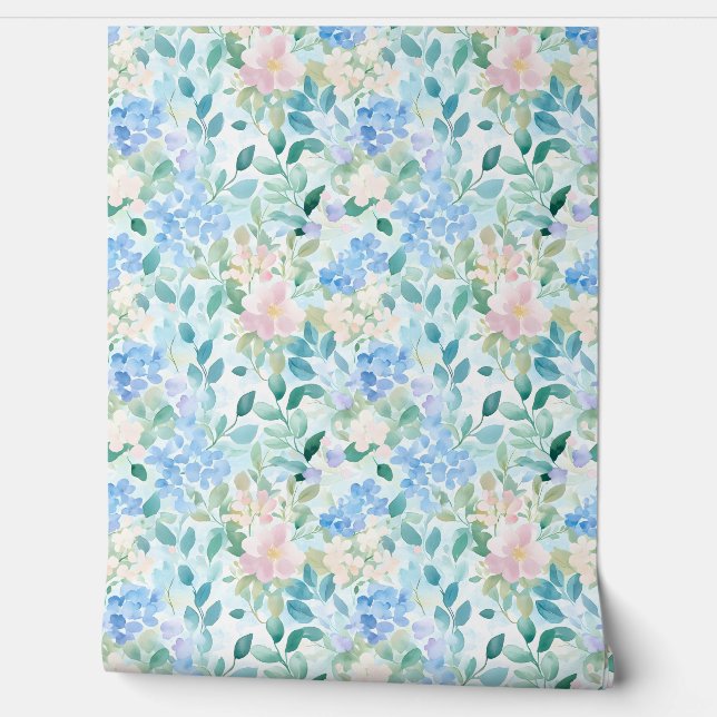 Pastel Pink Blue Floral Pattern  Tapete (Abrollen)
