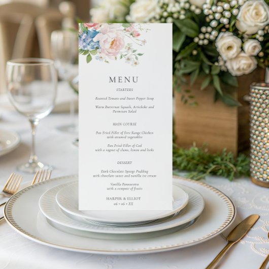 Pastel Pink & Blue Floral Spring Wedding Menu Menükarte