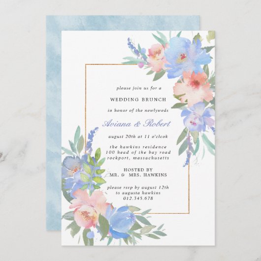 Pastel Pink Blue Floral Wedding Brunch Einladung (Vorne/Hinten)