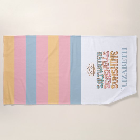 Pastel Pink Blue Orange Retro Coastal Individuelle Strandtuch (Vorderseite)