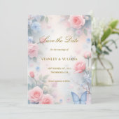 Pastel Pink Blue Rose Butterfly Fantasy Design Einladung (Stehend Vorderseite)
