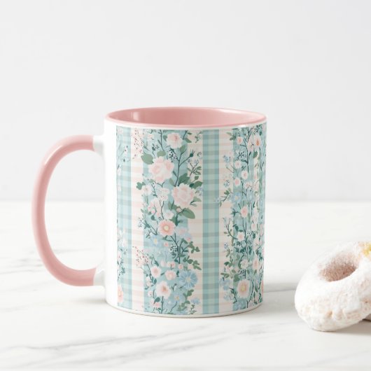 Pastel Pink Blue Watercolor Florals Gingham Tasse (Mit Donut)