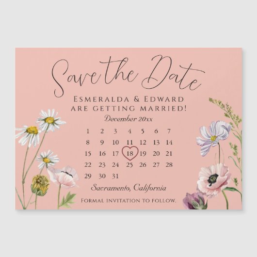 Pastel Pink Blume Hochzeitskalender Save the Date Magnetkarte (Vorderseite)