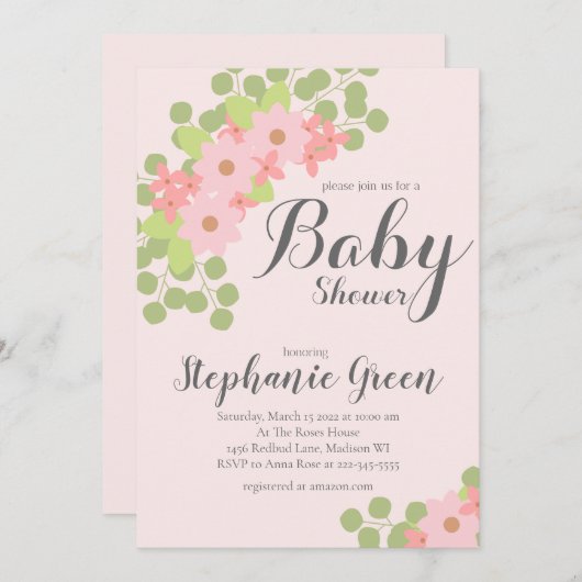 Pastel Pink Blume Kinderdusche Einladung (Vorne/Hinten)