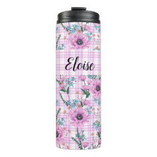 PASTEL PINK BLUME MIT KARIERTEN PATTERN THERMOSBECHER