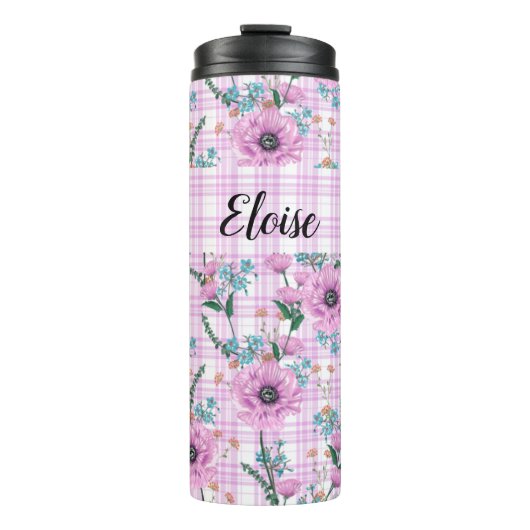 PASTEL PINK BLUME MIT KARIERTEN PATTERN THERMOSBECHER (Vorderseite)