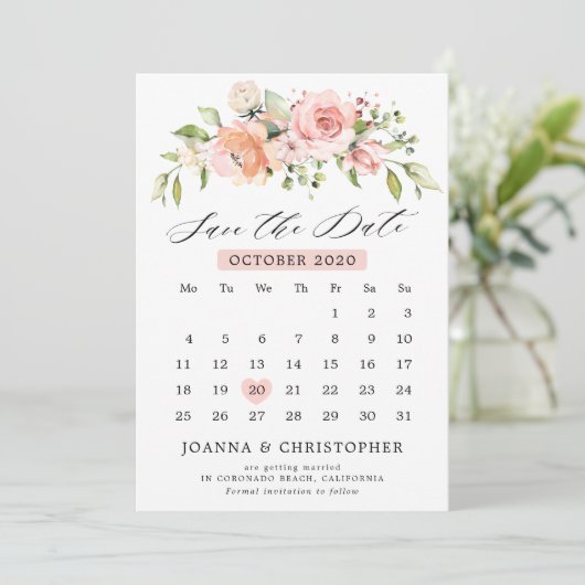 Pastel Pink Blush Rose Bläserner Botanischer Kalen Save The Date (Stehend Vorderseite)