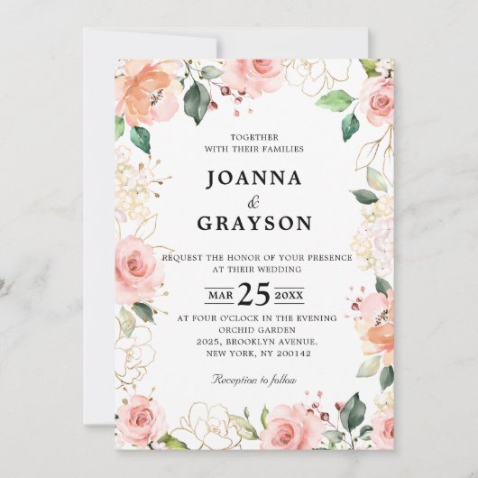 Pastel Pink Blush Rose Botanische Hochzeit mit flo Einladung (Vorderseite)