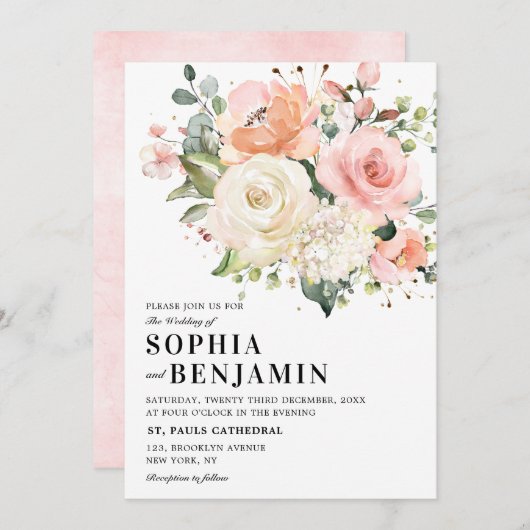 Pastel Pink Blush Rose Botanische Hochzeit mit flo Einladung (Vorne/Hinten)