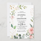 Pastel Pink Blush Rose Botanische Hochzeit mit flo Einladung (Vorderseite)