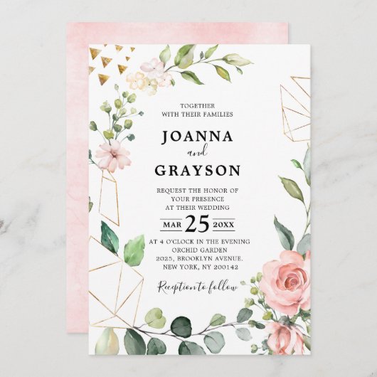 Pastel Pink Blush Rose Botanische Hochzeit mit flo Einladung (Vorne/Hinten)