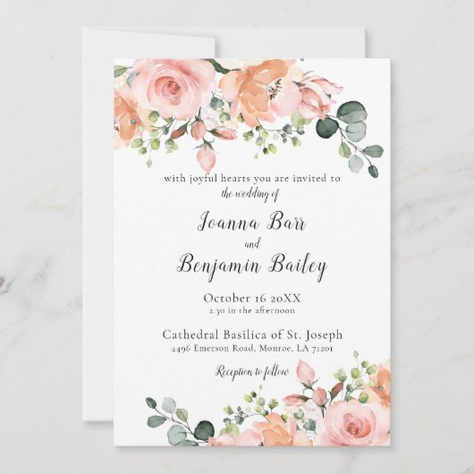 Pastel Pink Blush Rose Botanische Hochzeit mit flo Einladung (Vorderseite)