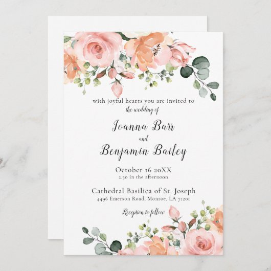 Pastel Pink Blush Rose Botanische Hochzeit mit flo Einladung (Vorne/Hinten)