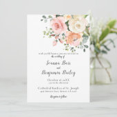 Pastel Pink Blush Rose Botanische Hochzeit mit flo Einladung (Stehend Vorderseite)