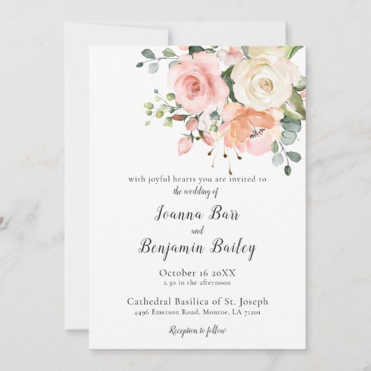 Pastel Pink Blush Rose Botanische Hochzeit mit flo Einladung (Vorderseite)