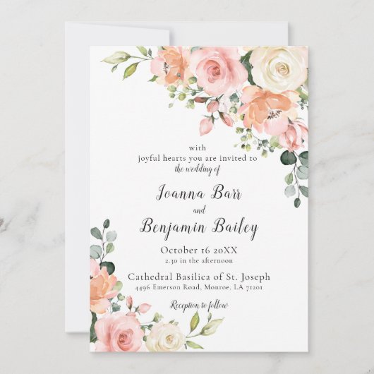 Pastel Pink Blush Rose Botanische Hochzeit mit flo Einladung (Vorderseite)