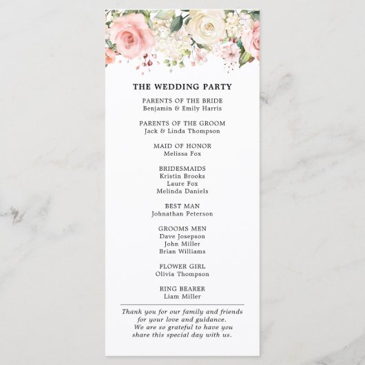 Pastel Pink Blush Rose Botanische Hochzeit mit flo Programm (Rückseite)