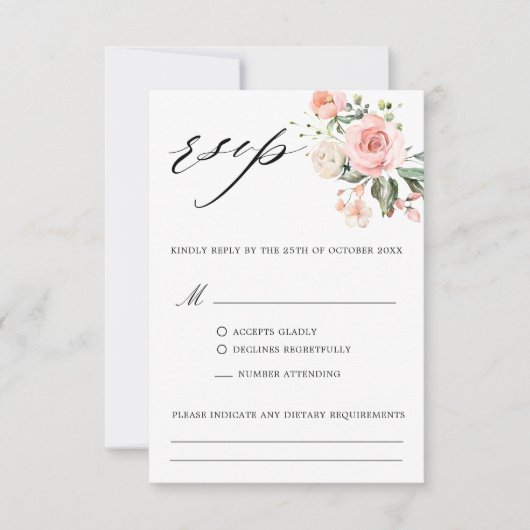 Pastel Pink Blush Rose Botanische Hochzeit mit flo RSVP Karte (Vorderseite)