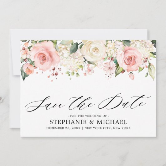 Pastel Pink Blush Rose Botanische Hochzeit mit flo Save The Date (Vorderseite)