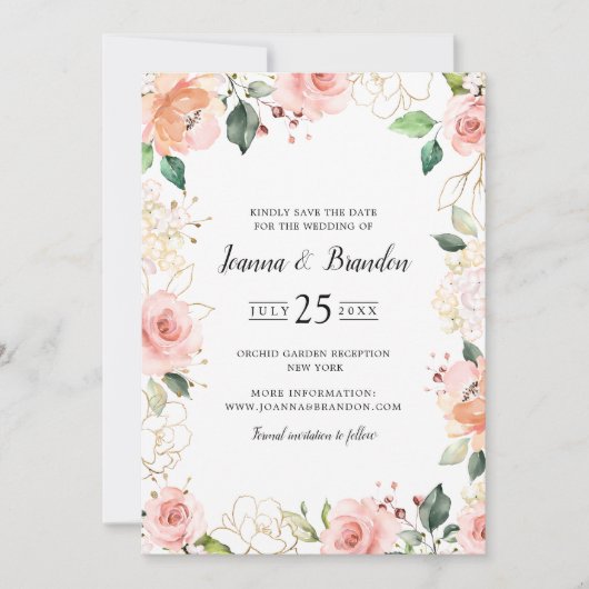 Pastel Pink Blush Rose Botanische Hochzeit mit flo Save The Date (Vorderseite)