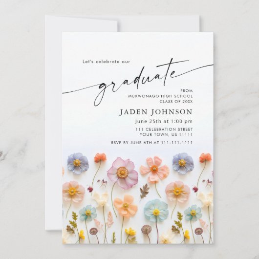 Pastel Pink Boho Wildblume Graduation Party Foto Einladung (Vorderseite)