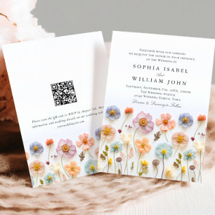 Pastel Pink Boho Wildblumen Hochzeiten QR-Code Einladung